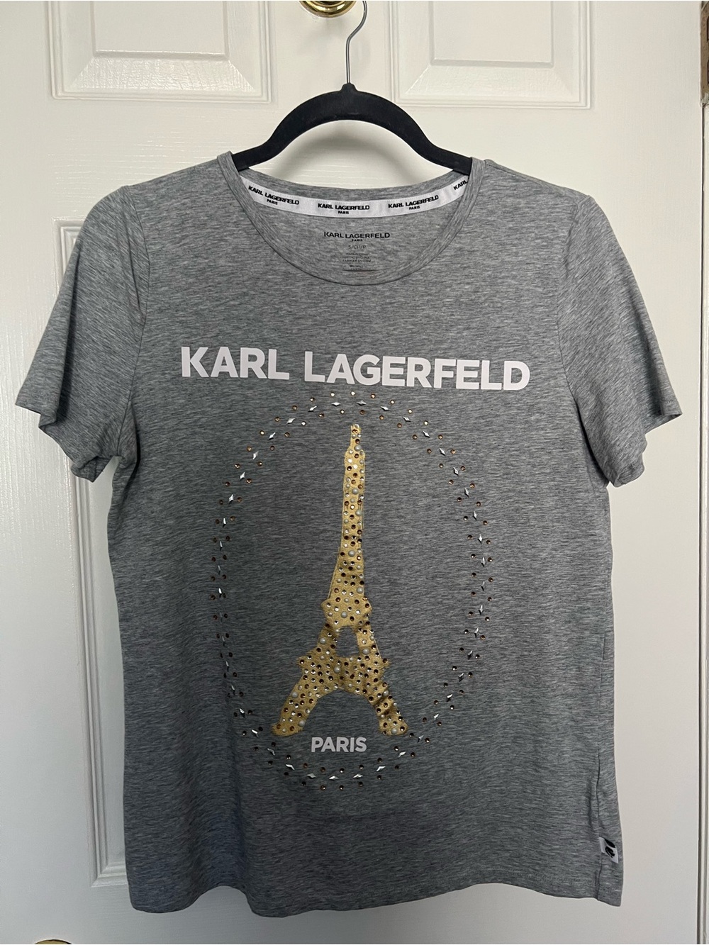 Karl Lagerfeld Gray Tee with Gold Eiffel Tower
